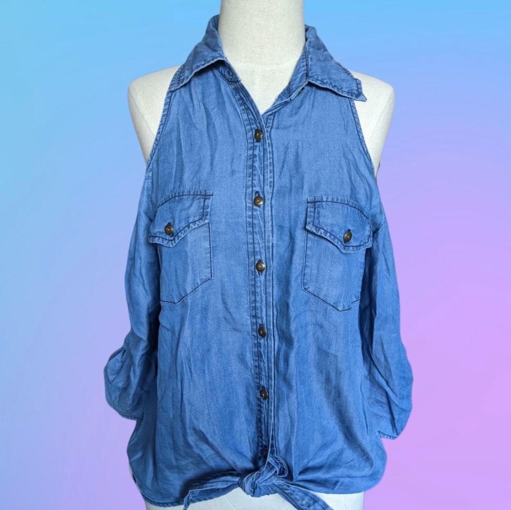 Cold Shoulder Chambray Button Up - image 2